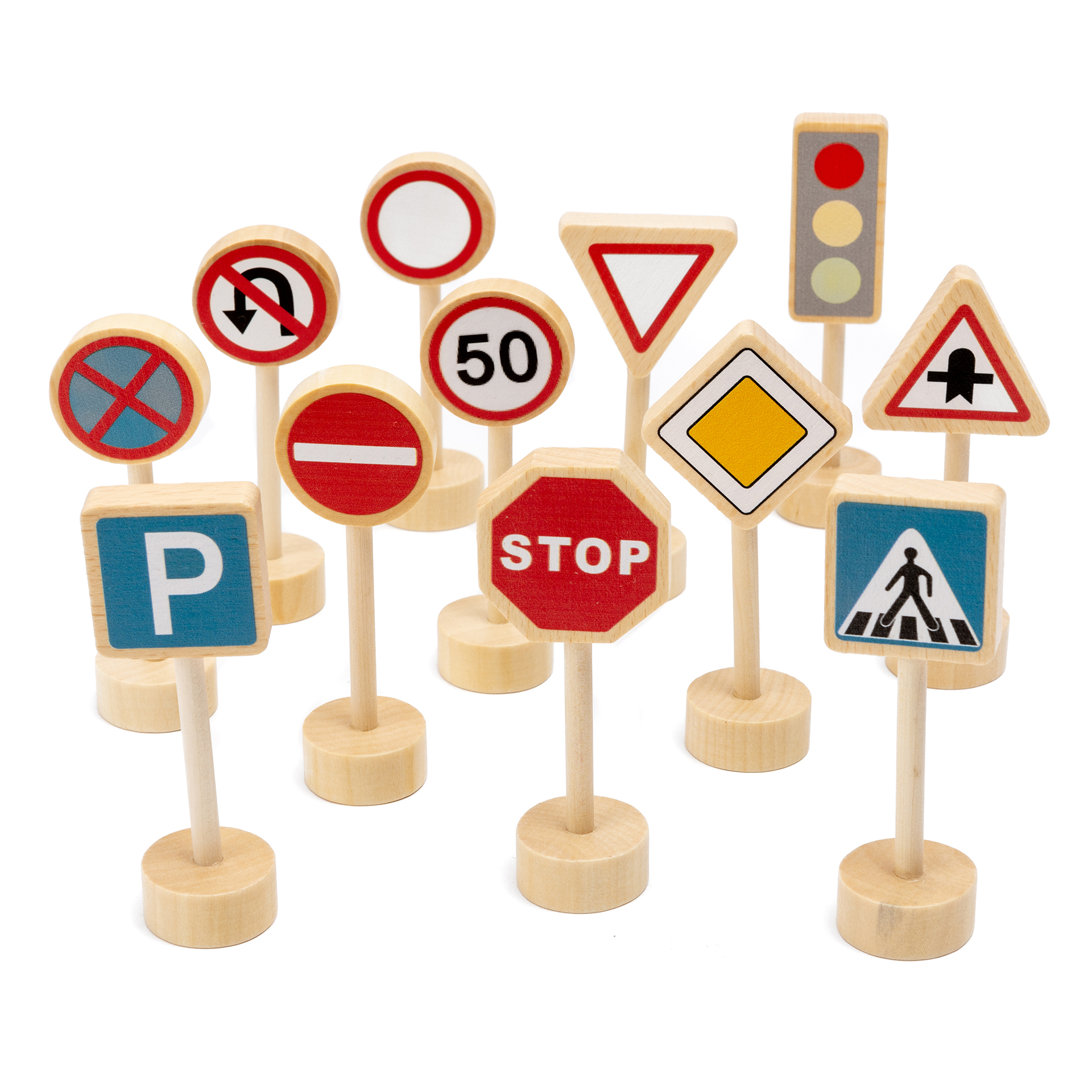 Verkehrszeichen aus Holz, 12er Set