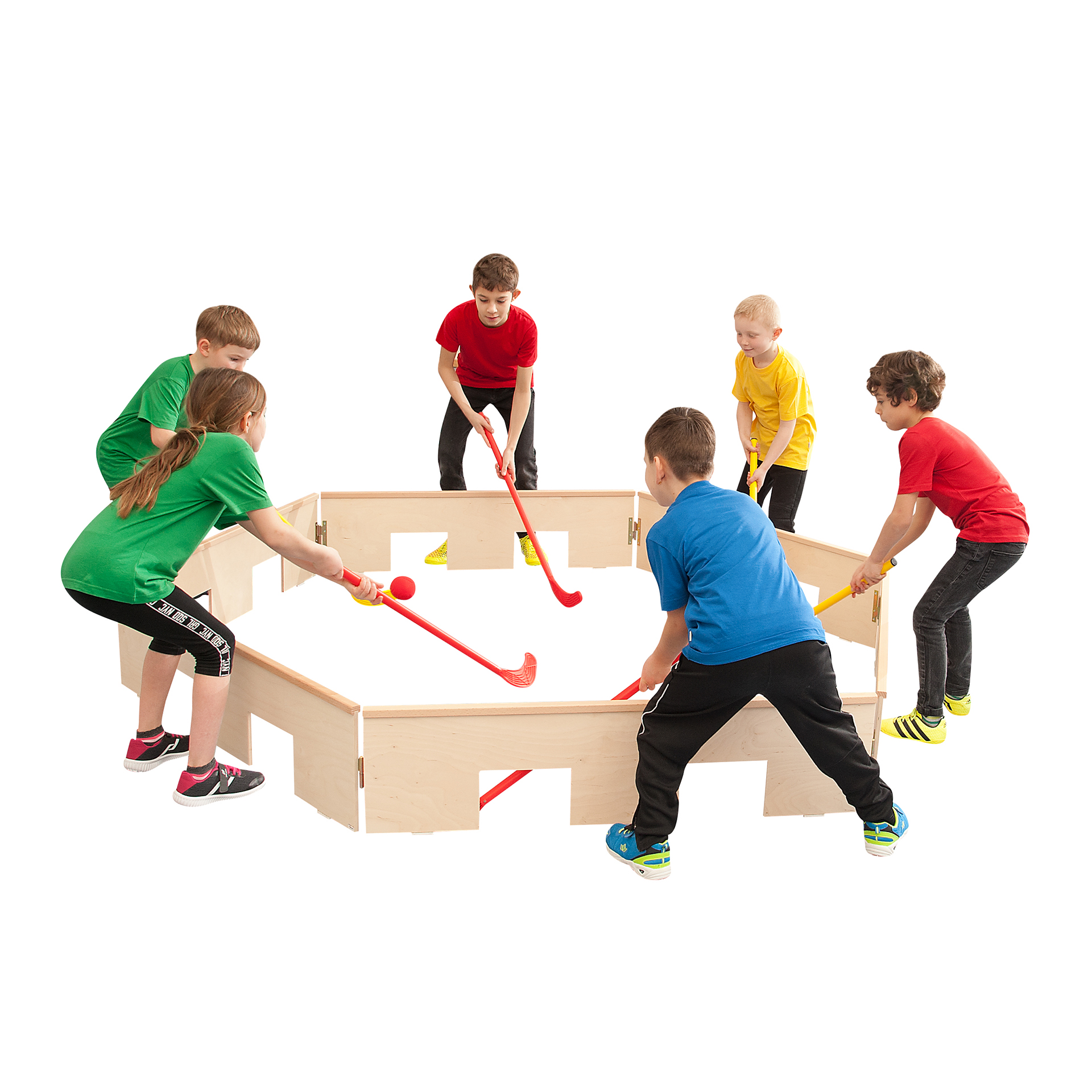 Hockeyschläger, 18er Set, 6x gelb 6x rot, 6 Bälle